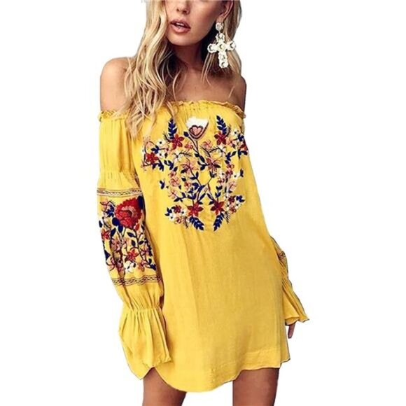 Yellow Floral Embroidered Off Shoulder Long Sleeve Mini A-Line Shift Dress‎ - Picture 4 of 6